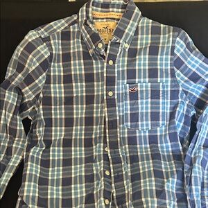 Hollister Men's Navy and Light Blue Checkered Shirt